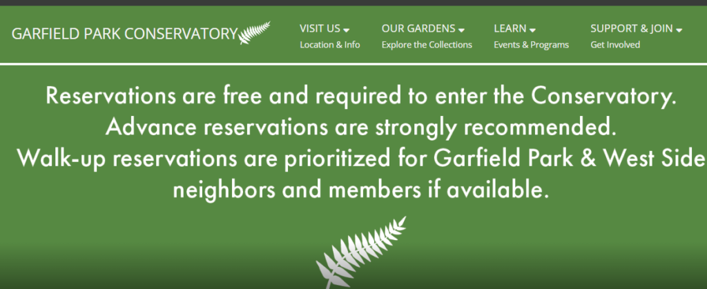 Screenshot for homepage for Garfield Park indoor botanical gardens in the US.