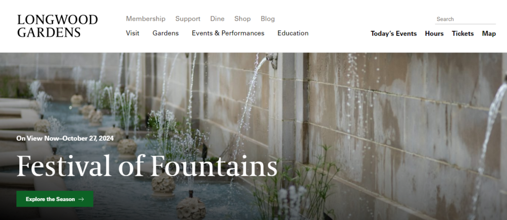 Screenshot of the homepage for Longwood indoor botanical gardens in the US. 