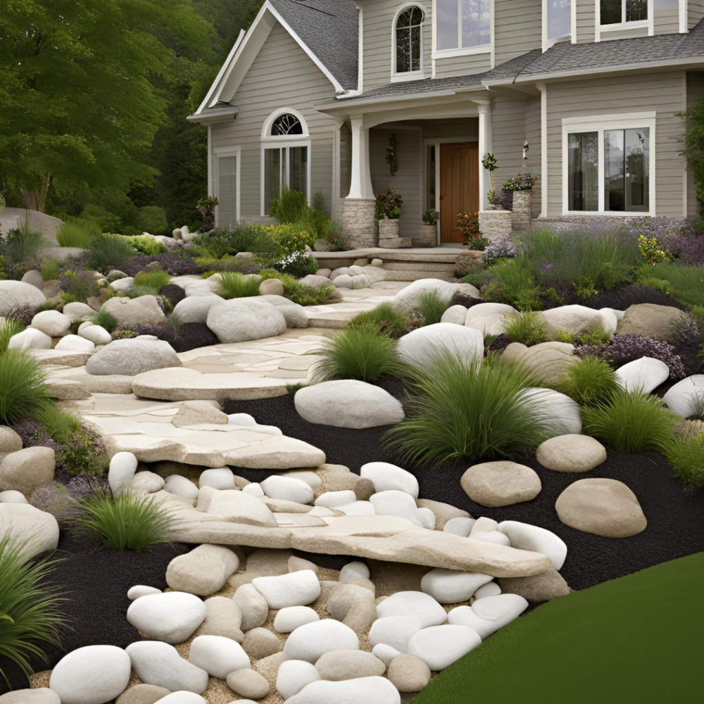 White rocks front house landscaping ideas