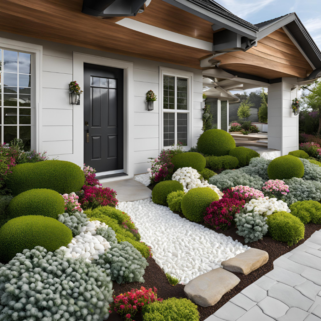 Front house landscaping ideas for white rocks and flowerbeds